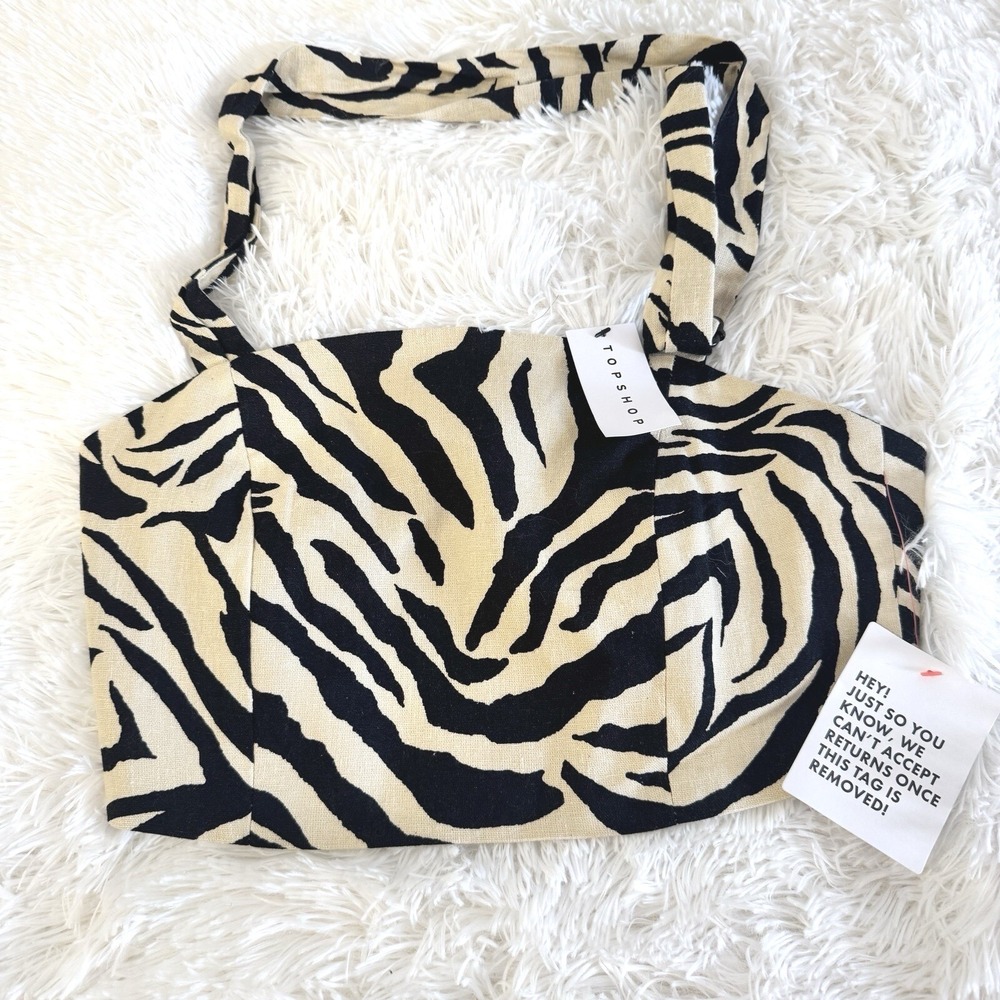 ASOS TopShop Womens Sz 4 Linen Blend Zebra Print Woven Crop Top NWT Square Neck